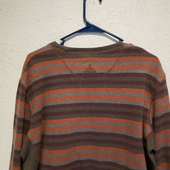 Prana Logo Breathe Cotton Hiking Outdoorsy Pullover Crewneck Brown Striped Med - Picture 7 of 9